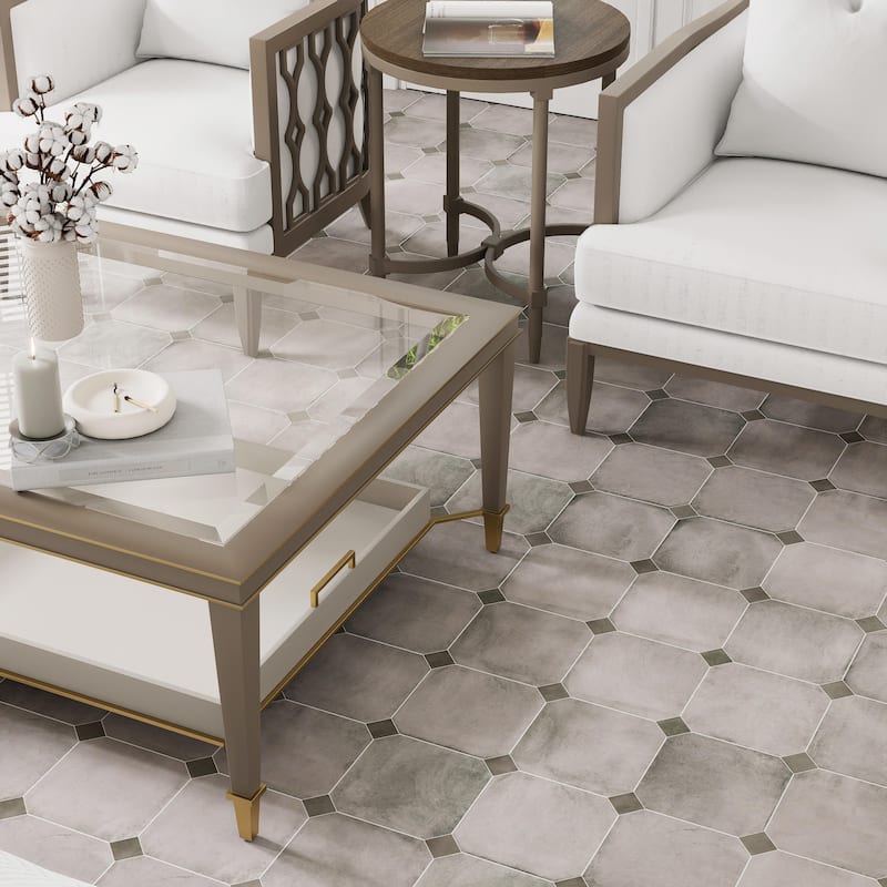 Merola Tile Laverton Octagon Gris with Taco Grafito 7-7/8" x 7-7/8" Porcelain Floor and Wall Tile
