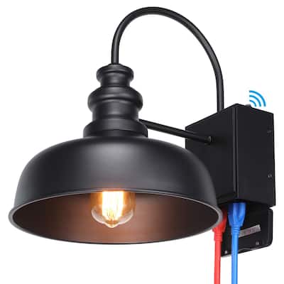 Gooseneck Barn Light with GFCI Outlet, Dusk to Dawn Floodlight, Black - 1PACK