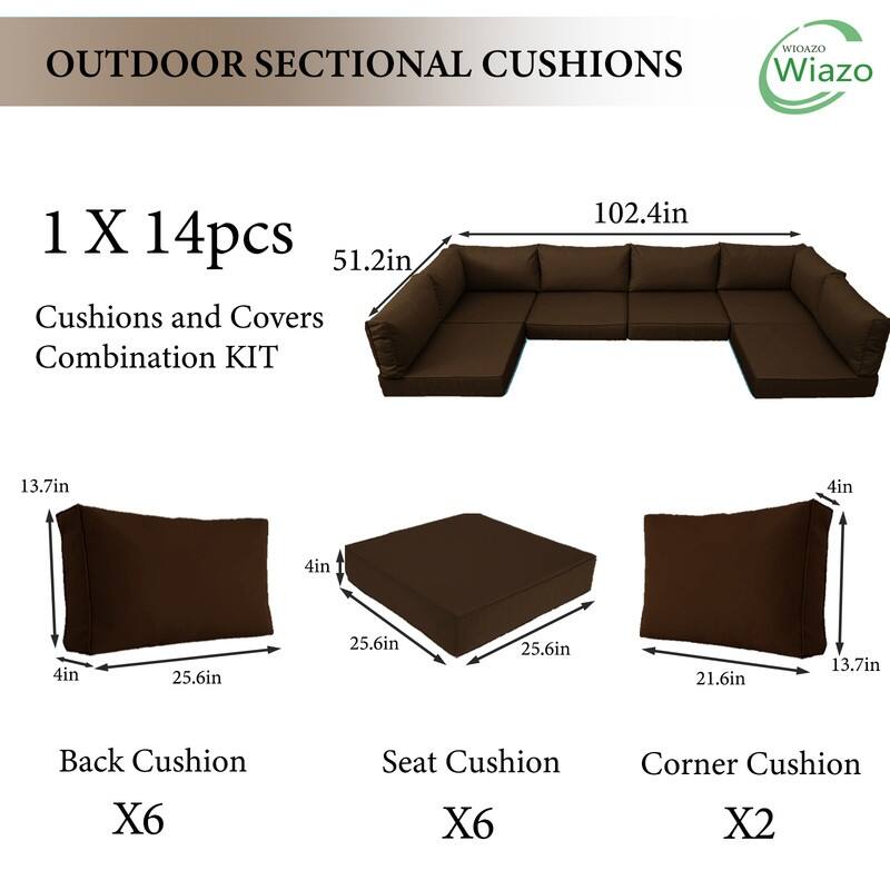 14pcs Outdoor Couch Cushions,4" Waterproof Sectional Rattan Conversation Set Cushions(Only Cushions+Covers,No Sofa) - 14PCS