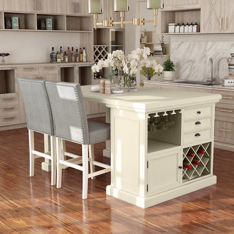 Tia Transitional Antique White Wood Multi-Storage 3-Piece Kitchen Island Set by Furniture of America - Antique White