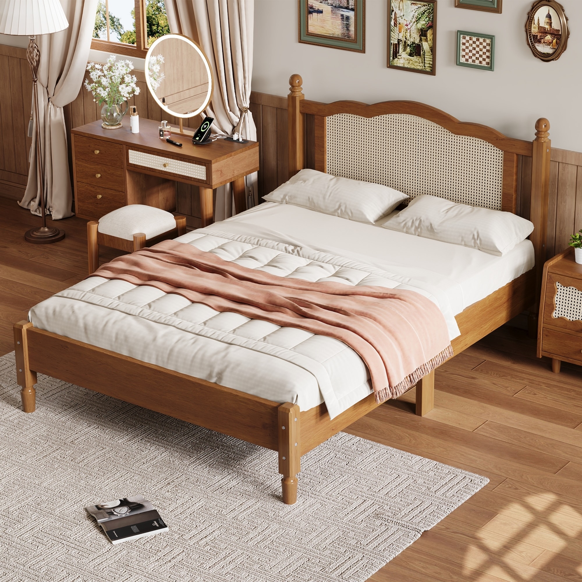 Full Size Wooden Platform Bed with Natural Rattan Headboard