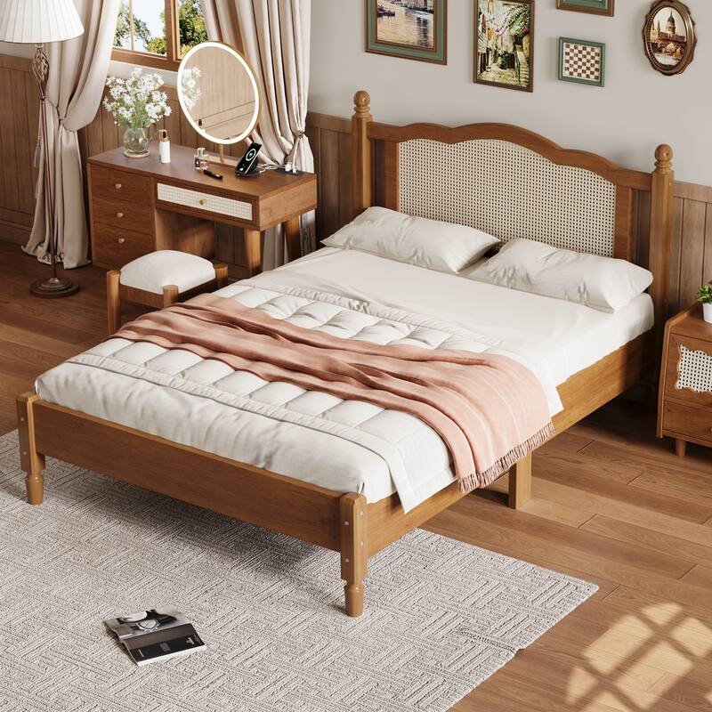 Wood Platform Bed with Natural Rattan Headboard, Minimalist Design for Bedroom - Walnut - Full