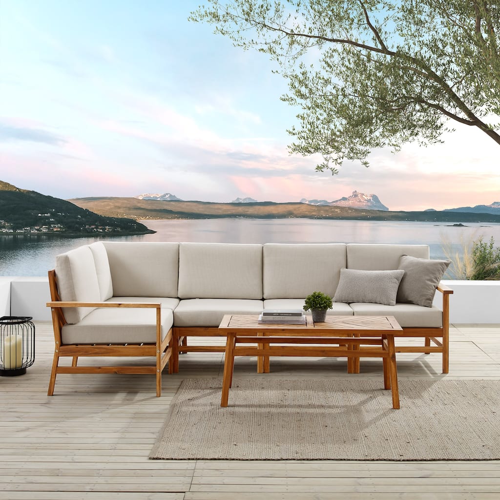 Walker Edison Solid Acacia 5-Piece Sectional and Coffee Table