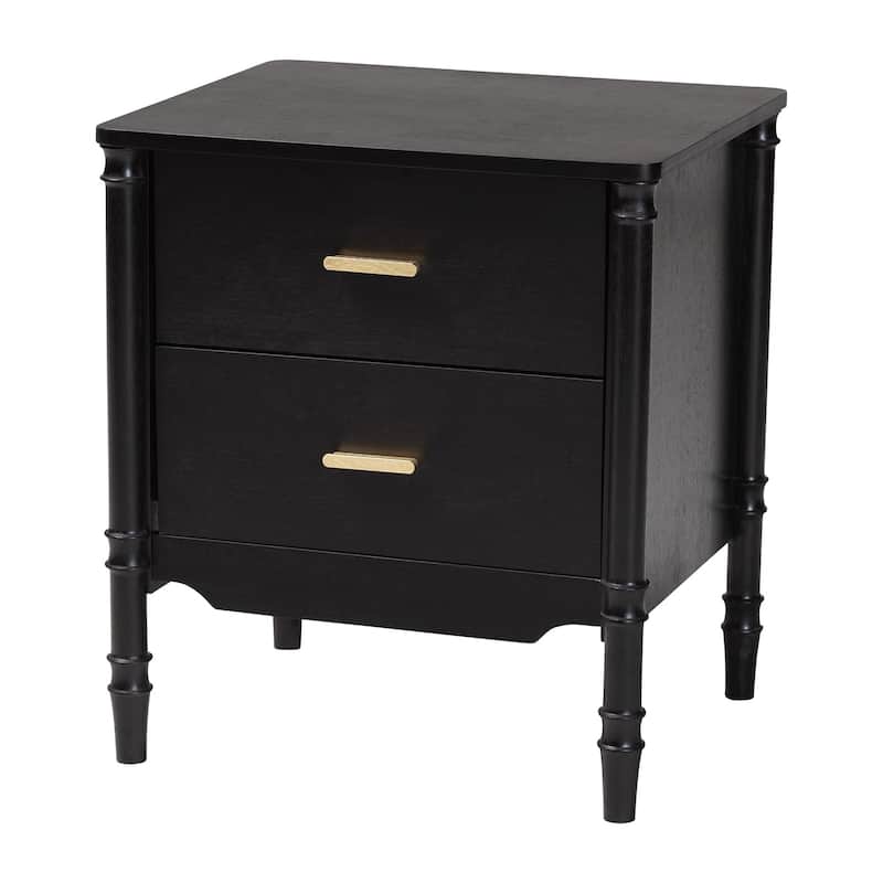 Marisela Black Wood Nightstand with Gold Handles - 2-Drawer Bedside Table with Bamboo-Inspired Legs, Bedroom or Guest Room - Black