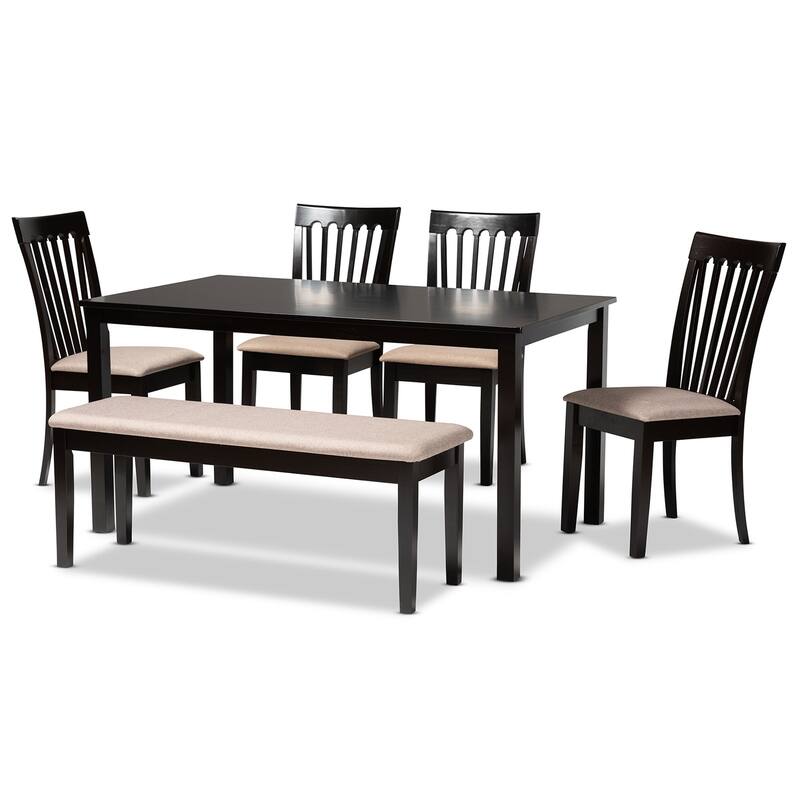 Modern 6-Piece Dining Set - Sand Fabric & Dark Brown Wood Table & Chairs