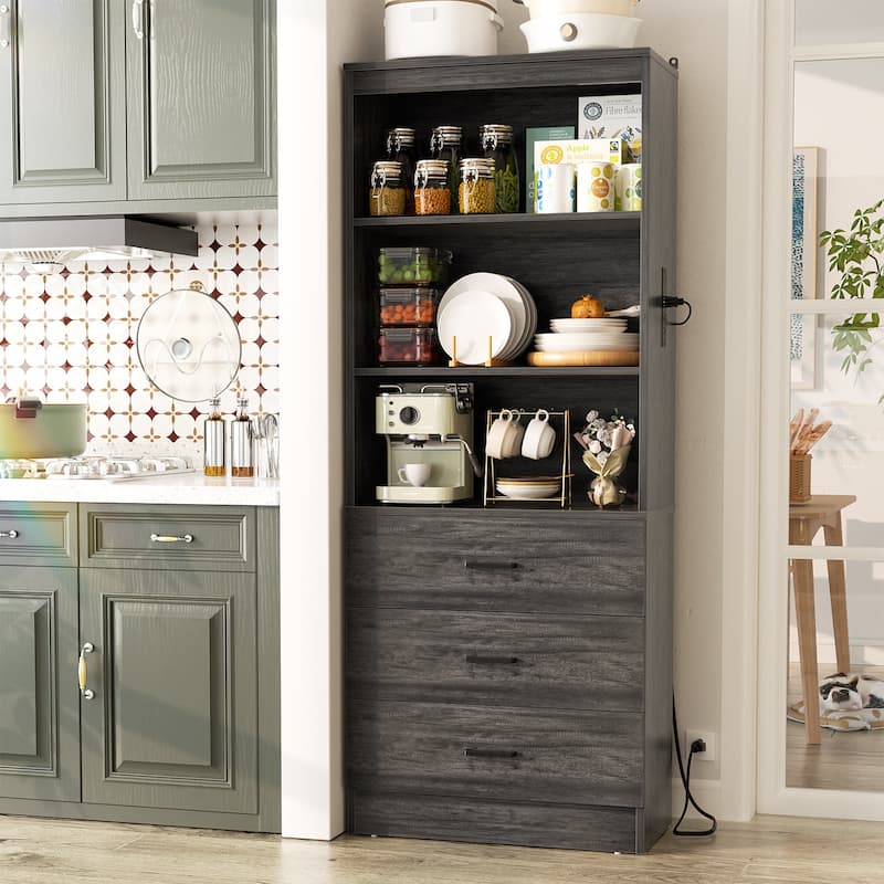 6-Tier 23.6'' Display Cabinet with Charging Station and Drawers, Bookcase Storage Shelf Kitchen Pantry