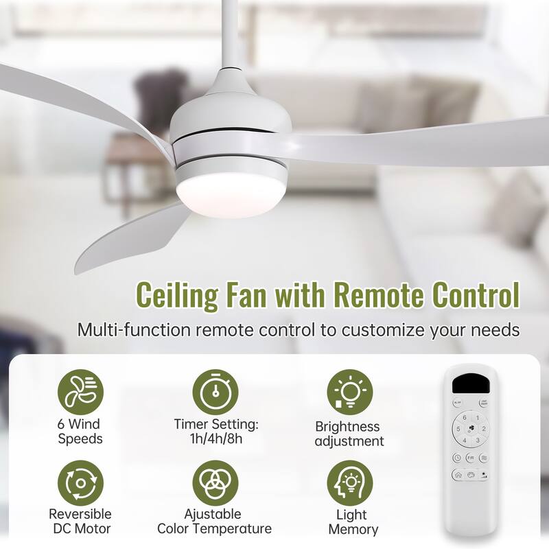 52" Smart Ceiling Fan with Light and Remote Control, 5 ABS Blades, LED Dimmable Optional