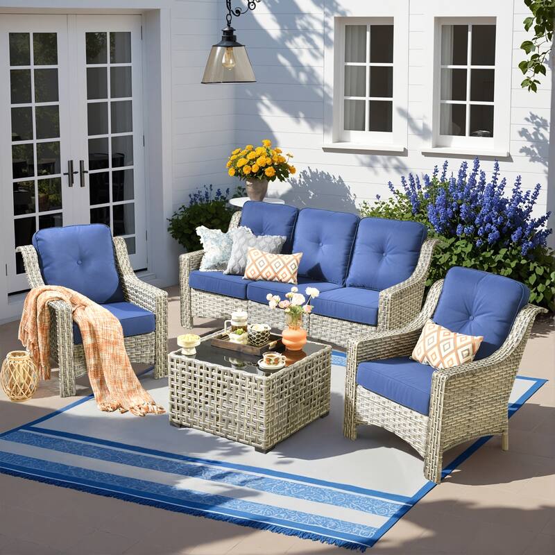 HOOOOWOOO 5-piece Wicker Rattan Patio Outdoor Furniture Ergonomic Conversation Set with Coffee Table - Navy Blue