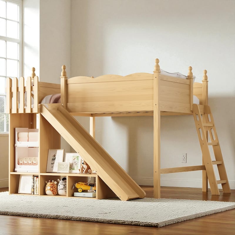 Full/Queen Loft Bed with Storage Shelves, Cabinet & Detachable Slide, Solid Wood Loft Bed with Ladders, No Box Spring