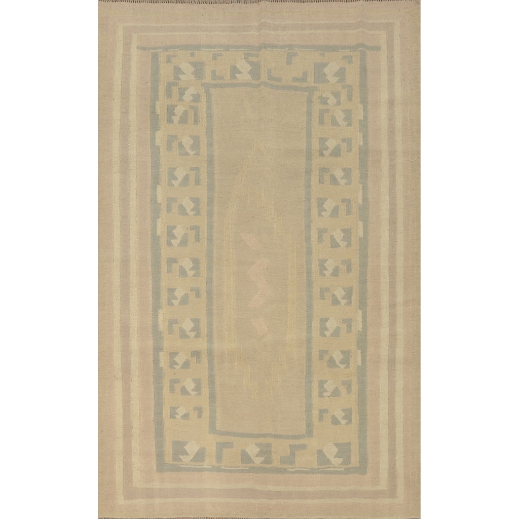 Hand Woven Oriental 100% Wool Carpet Southwestern Tribal Beige & Ivories Kilim Area Rug - 5' 11'' X 4' 1''