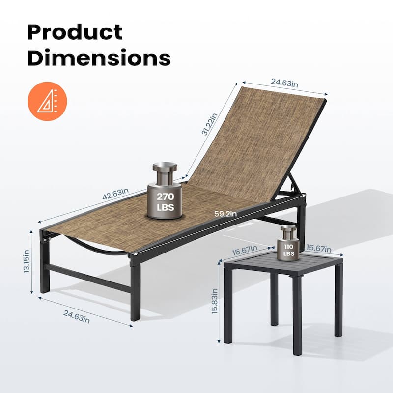 Pellebant Outdoor 3-piece Aluminum Adjustable Back Chaise Lounge with Side Table Set