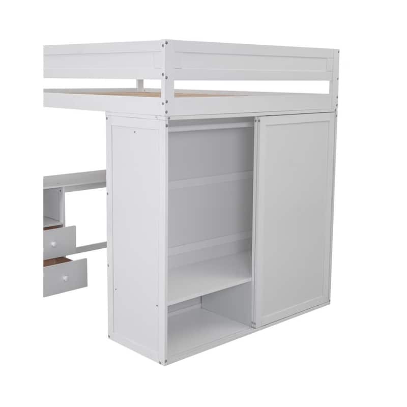 Merax Wood Loft Bed with Wardrobes and 2-Drawer Desk with Cabinet