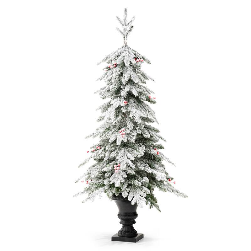 Glitzhome 4FT/5FT Pre-Lit Flocked Fir Artificial Christmas Potted Porch Trees