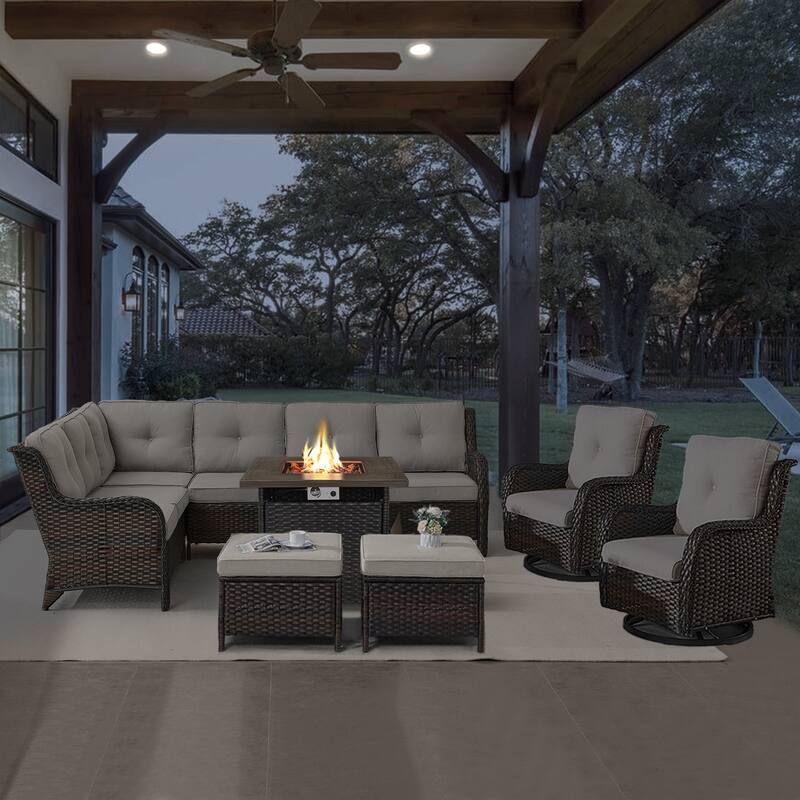 Gymojoy 6-Piece Outdoor Wicker Patio Furniture with Fire Pit and L-shaped Sectional Sofa, Coversation Set with Thick Cushions