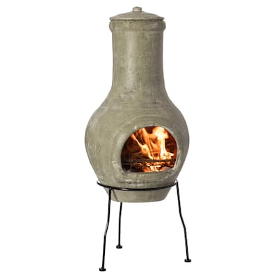 Beige Outdoor Clay Chiminea Outdoor Fireplace Scribbled Design Charcoal Burning Fire Pit with Sturdy Metal Stand, Barbecue