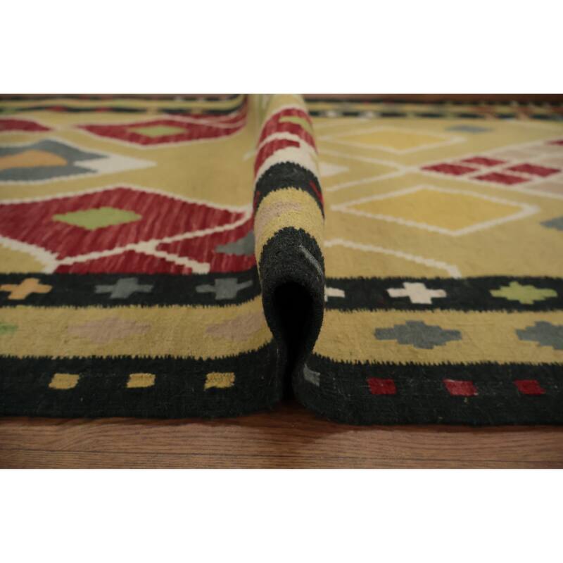 Hand Woven Oriental 100% Wool Carpet Southwestern Modern Yellow & Gold Kilim Runner Rug - 9' 10'' X 3' 0''