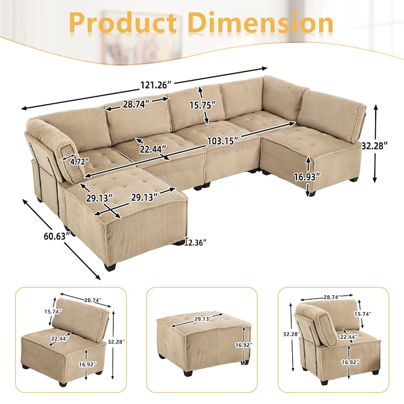 Ergonomic Lounge Modular Couch Corduroy Sectional Sofa with Deep Seat Ottoman Chaise and High-Rebound Thick Cushions