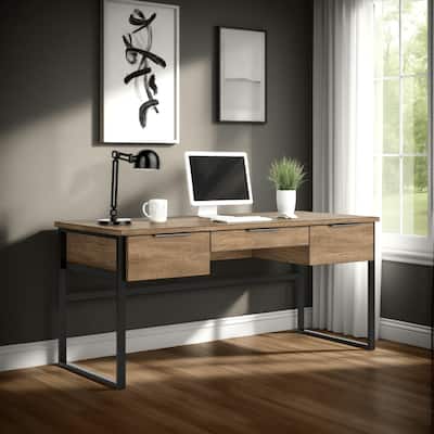 Tey Home Office Desk, 3 Storage Drawers, Light Brown Wood, 67 Inch Top