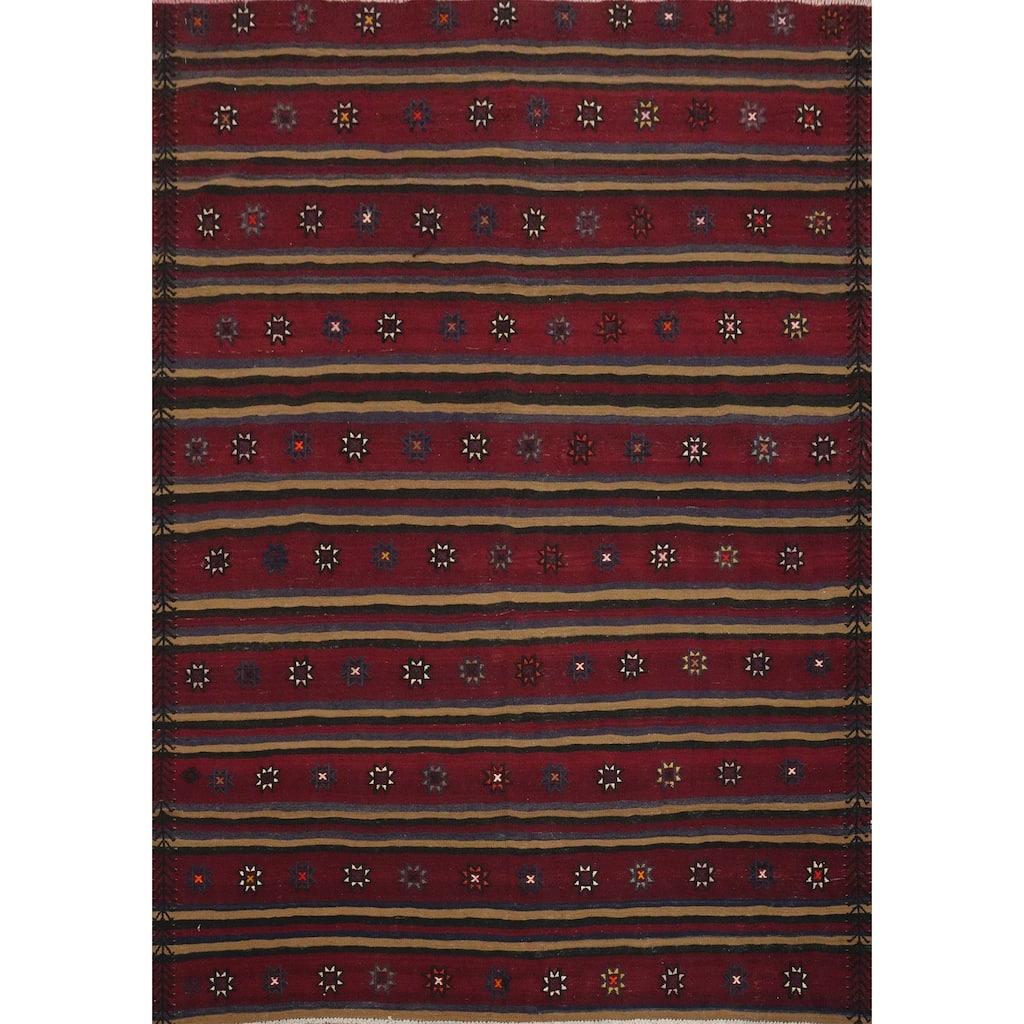Hand Woven Oriental 100% Wool Carpet Southwestern Tribal Red Kilim Area Rug - 7' 6'' X 6' 1''