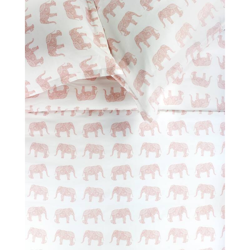 Printed Design Cotton Collection 400 Thread Count Elephants Printeded Duvet Set - 4 Color - Queen - Pink