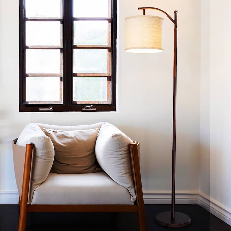 Brightech Montage 62 in. Mid-Century Modern LED Super Bright Floor Lamp with Beige Fabric Drum Shade