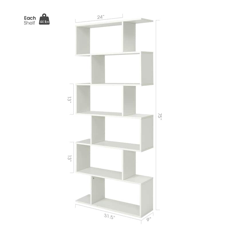 S-Shaped 6-Tier Freestanding Bookshelf with Open Storage Shelves for Living Room or Bedroom