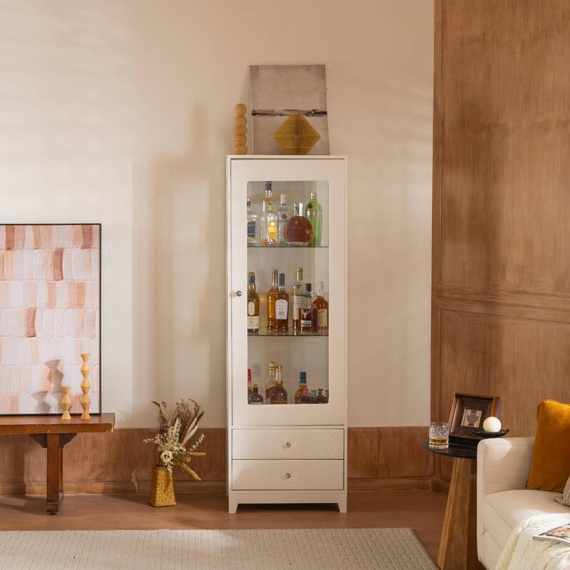 71'' Freestanding Display Cabinet with Storage Drawers, Upholstered Pantry with Ceiling Light,with Adjustable Shelves