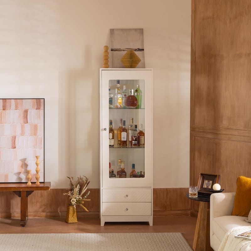 Roomfitters 71'' Display Cabinet with Glass Door, Freestanding Pantry Storage Cabinet with Adjustable Shelves for Dining, White