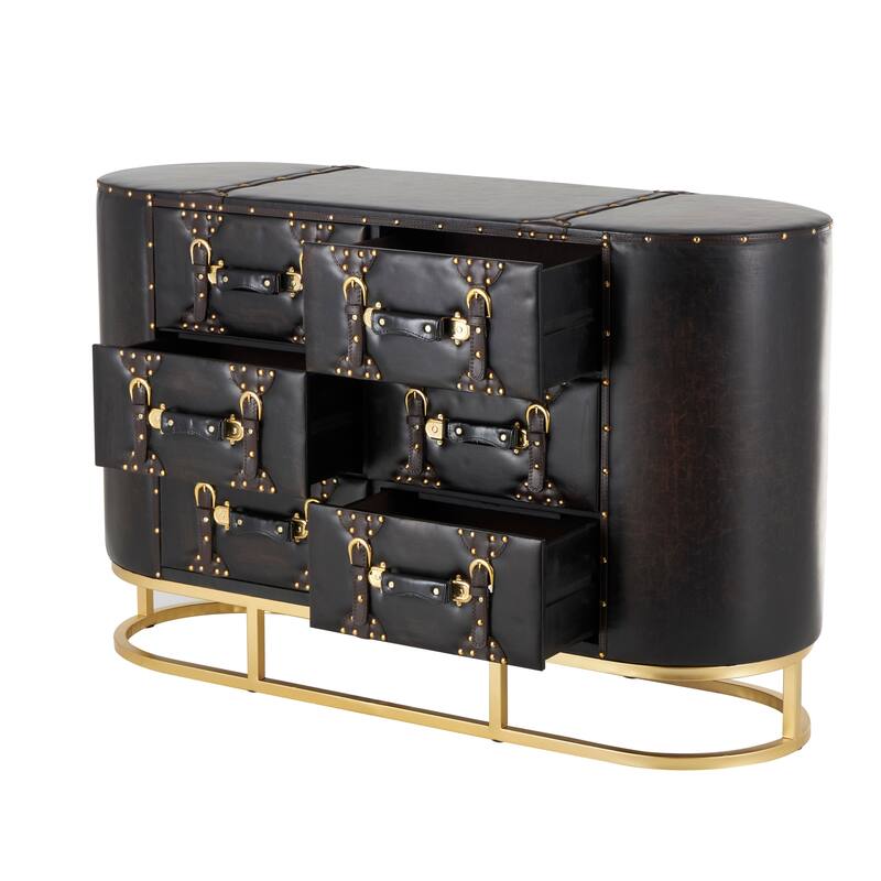 Wooden 6 Drawer Chest with Straps and Rivets - Dark Brown - Roche River Decor - 17"W x 48"L x 30"H