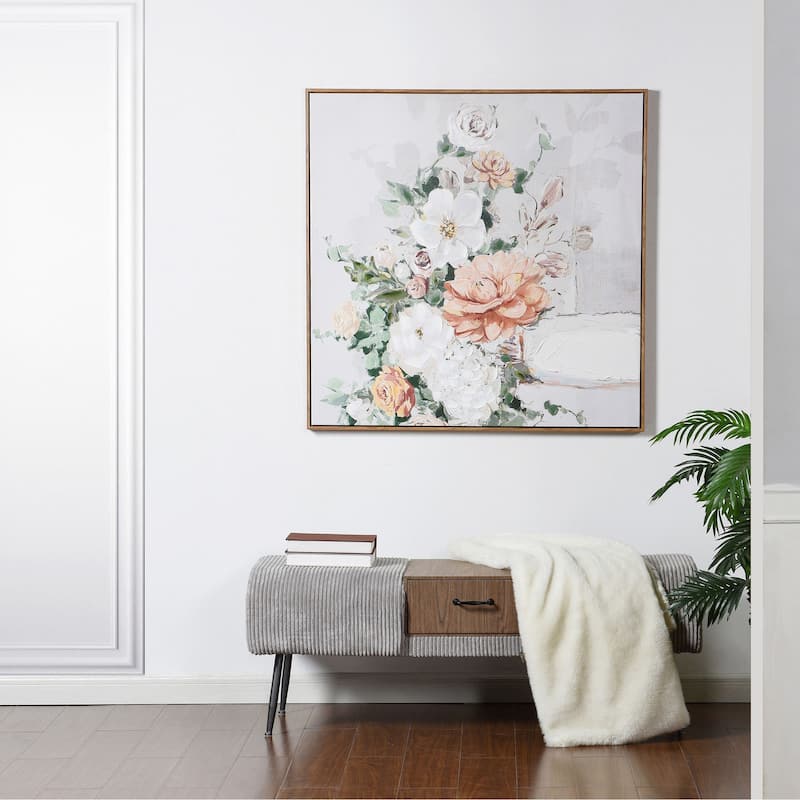 Spring Flowers - Abstract Bouquet Canvas Wall Art - Natural Wood Frame