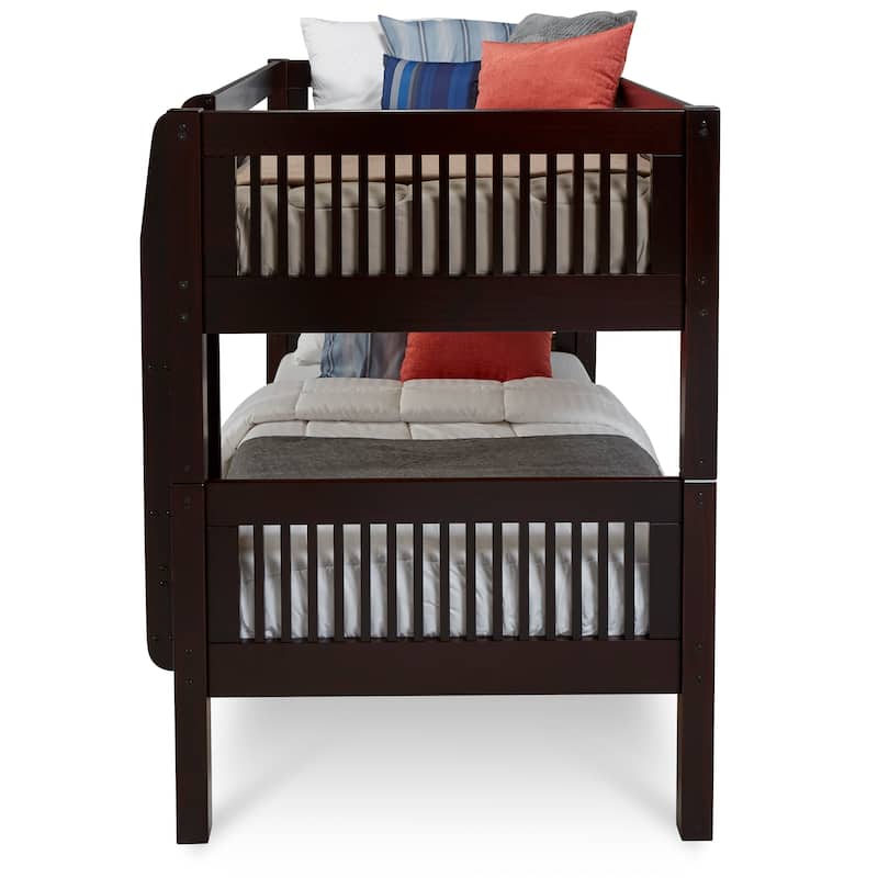 Solid Wood Bunk Beds Twin Full Size, Sturdy Rail Support, Cappuccino Finish, Space Saving Design
