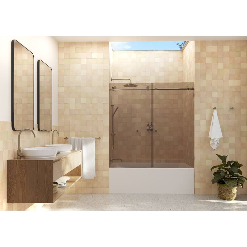 Equinox 60 in. x 60 in. Fully Frameless Glass Bath Slider with Bronze Tint