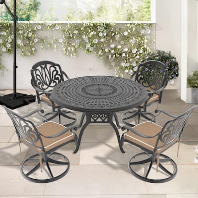 5-Pcs Outdoor Patio Dining Set, All-Weather Cast Aluminum Furniture Set with 4 Swivel Chairs, Round Table with Umbrella Hole