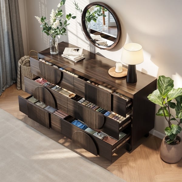 luxury modern dresser Qeetex Green Dresser Modern 6 Drawer Dresser for Bedroom with Gold Handle and Large Drawer Wood Double Chest of Drawers and Storage Organizer for Living Room Hallway Entryway in the Dressers department
