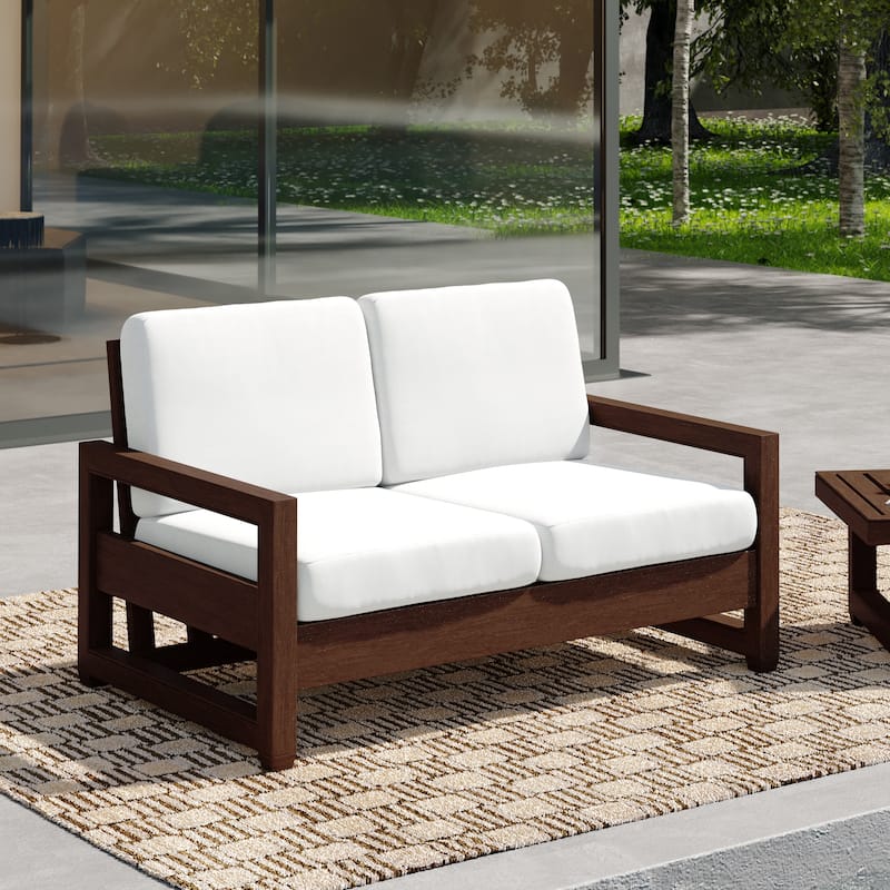 Patio Teak Wood Outdoor Loveseat with Cushion - Beige/ Dark Wood