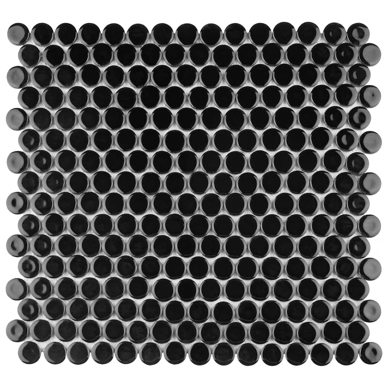 Merola Tile Hudson Penny Round Glossy Black 11-7/8" x 12-5/8" Porcelain Floor and Wall Tile