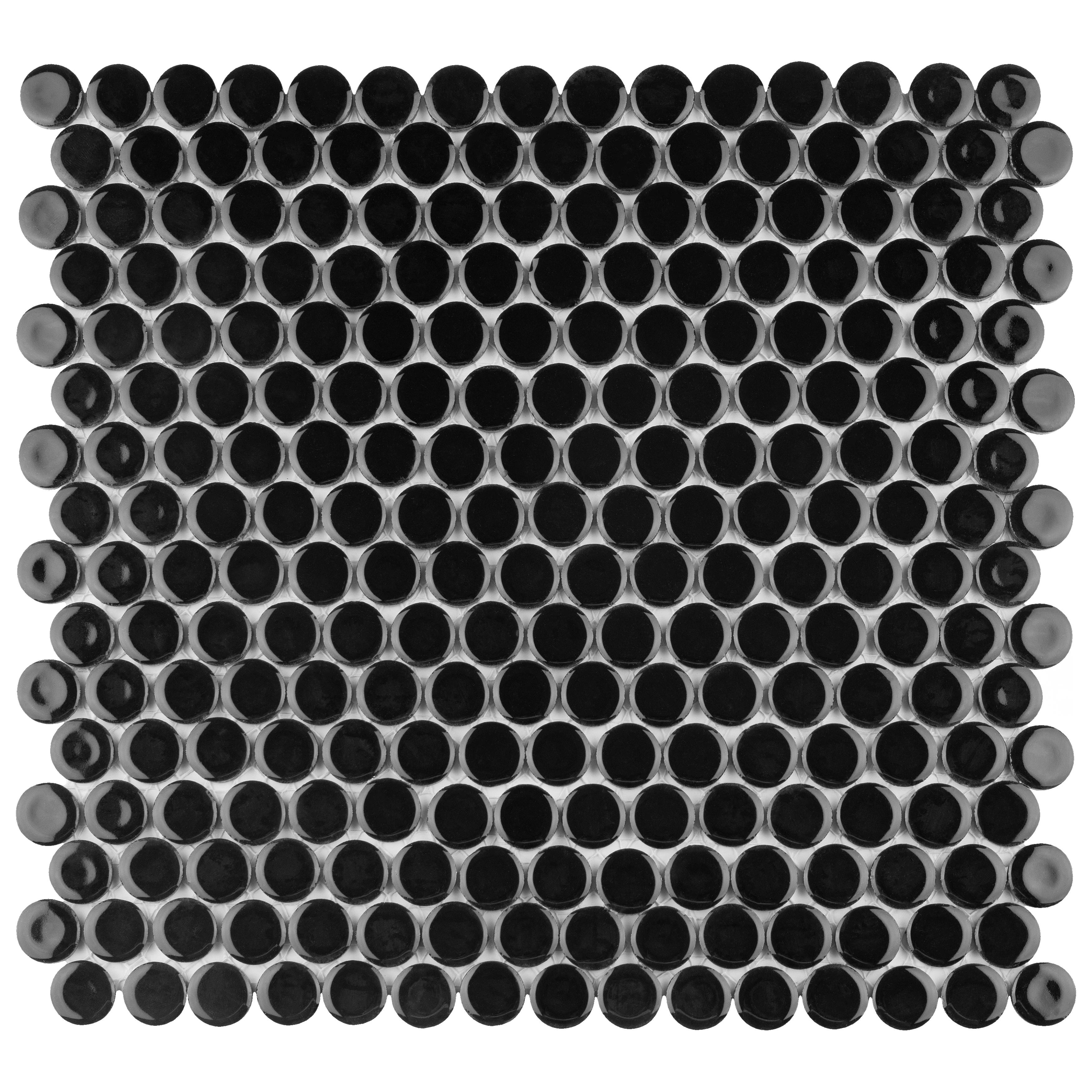 Merola Tile Hudson Penny Round Glossy Black 11-7/8" x 12-5/8" Porcelain Floor and Wall Tile