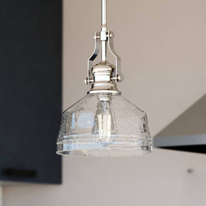 Beloit Farmhouse Kitchen Island Mini Pendant Ceiling Light Clear Seeded Glass - 9-in W x 20.25-in H x 9-in D - Satin Nickel