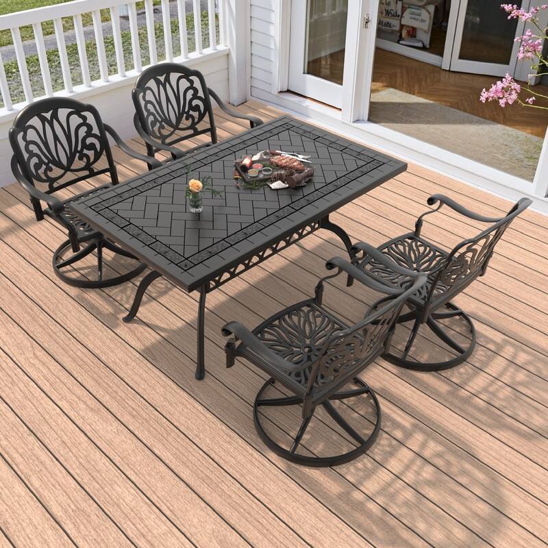 5-Piece Aluminum Rectangular Outdoor Patio Dining Set, 4 Cushioned Swivel Chairs, Table, All-Weather Frames