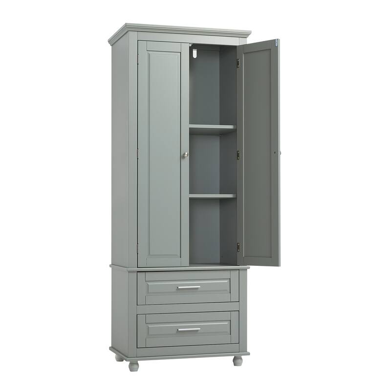 Floor Standing Bathroom Cabinet 62.50" H Wooden Bathroom Cabinet with 2 Drawers 2 Door Vertical Bathroom Organizer Cabinet