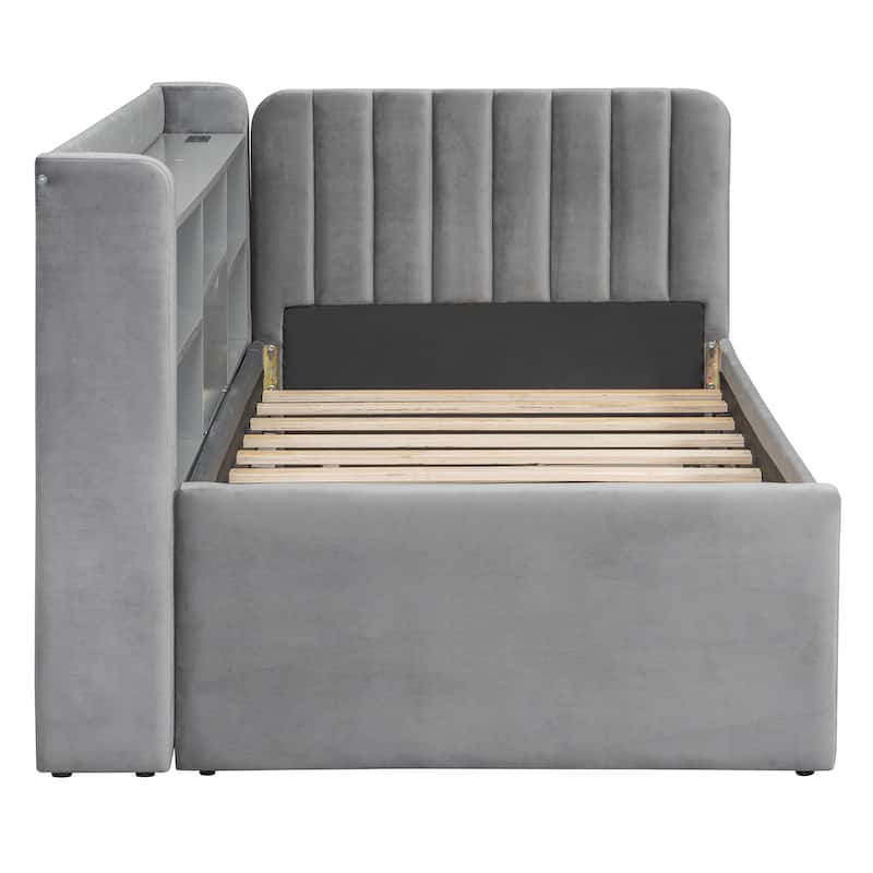 Twin Size Upholstered Daybed with Pop Up Trundle and Storage Shelves & Socket