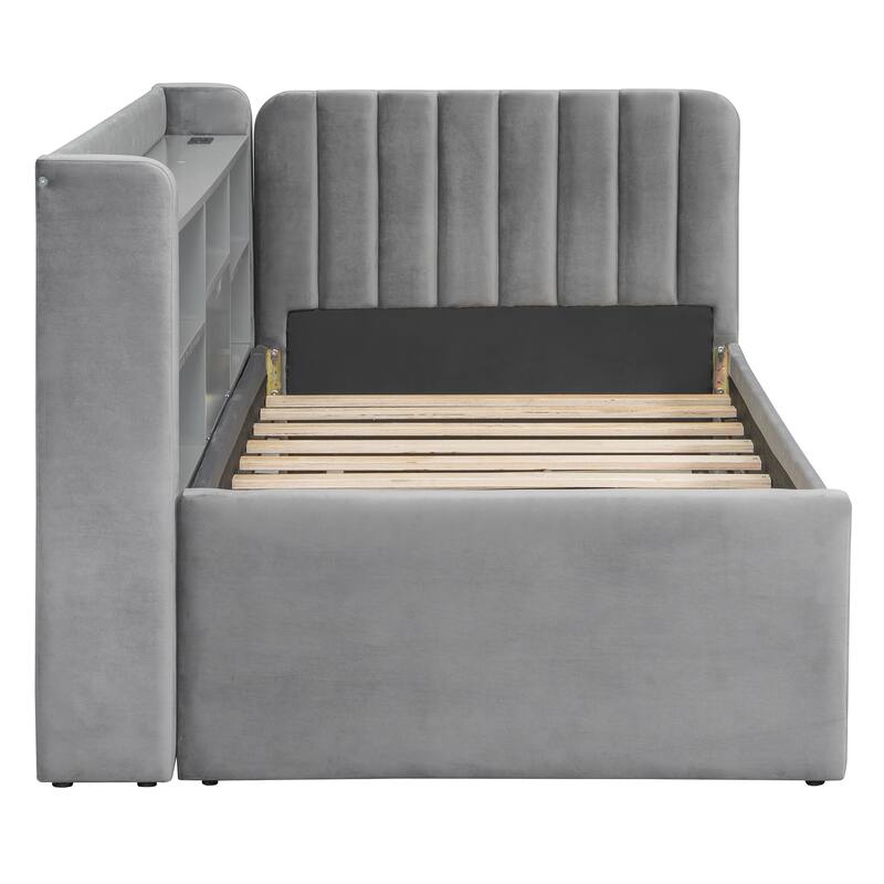 Twin Size Velvet Upholstered Daybed with Trundle, Storage Shelves, USB & Outlet