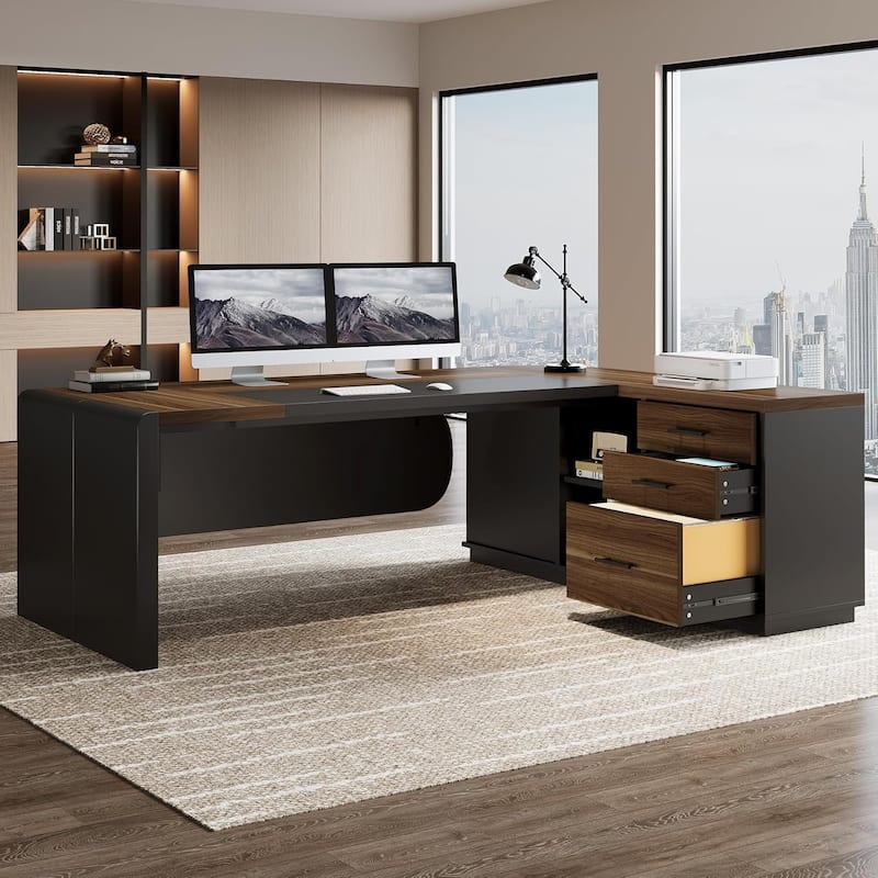 80'' L-Shaped Desk, Large Executive Office Desk with 55'' Drawers Cabinet