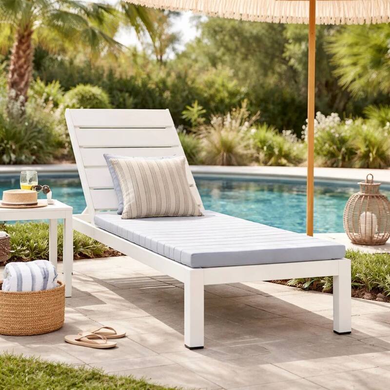 Josh 76 Inch Outdoor Chaise Lounger, White Aluminum Frame, Adjustable