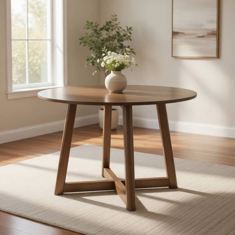 Ellie Dining Table, 47 Inch Round Top, Interlocking Legs, Walnut Brown Wood