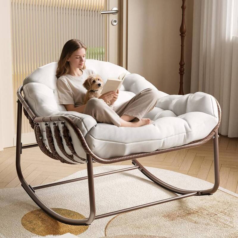 Outdoor Rocking Chair, Wicker Lounge Chair with Cushion for Balcony Backyard Porch Bedroom - 1PC