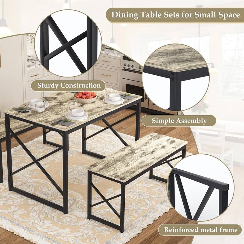 55" Dining Table with Benches Kitchen Table set for 4 Rectangular Dining Room Table Set with 2 Metal Wood Benches