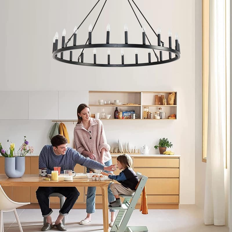 24 Light Modern Farmhouse Black Wagon Wheel Chandelier 48 Inch