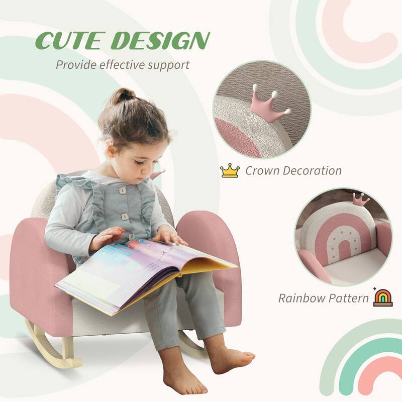 Pink Toddler Rocking Chair with Velvet Seat and Rainbow Pattern Crown Decoration for Bedrooms or Playroom