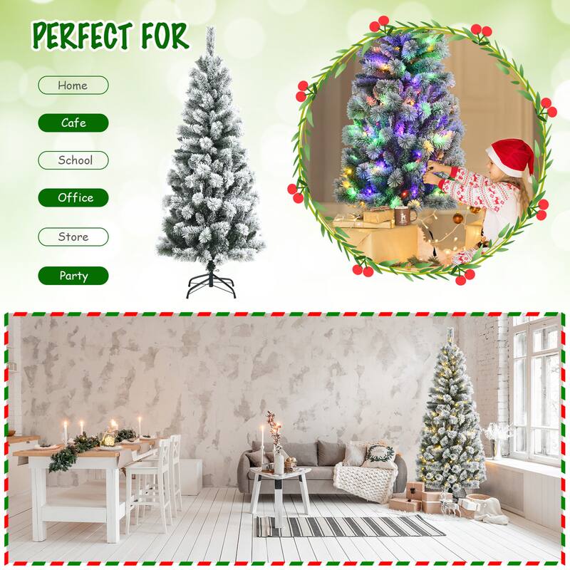 Gymax 5/6/7.5/8 ft Pre-lit Snow Flocked Artificial Christmas Tree w/